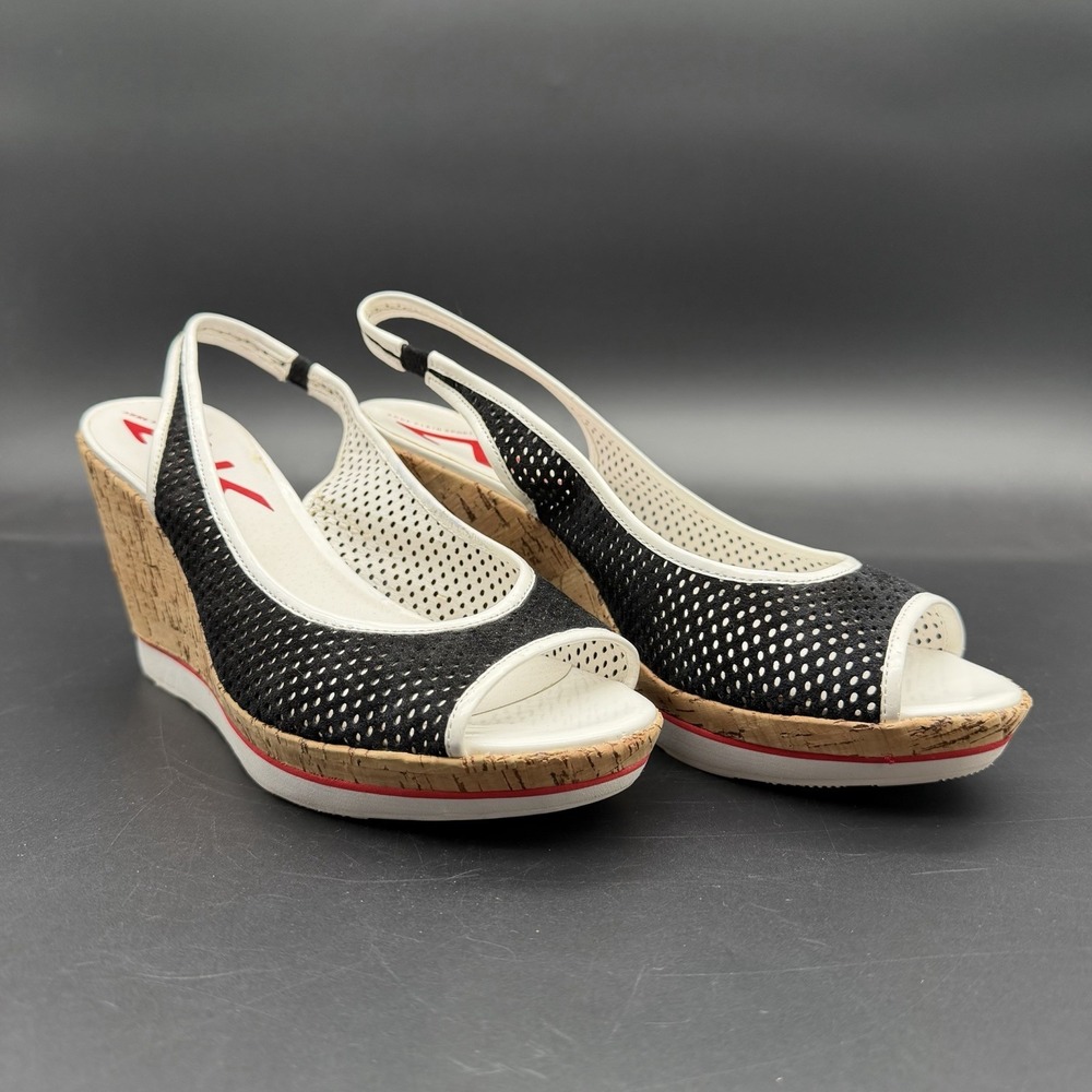 Anne Klein AK Sport Women Wedge Sandals 10M Morty Black Leather Cork Peep Toe***